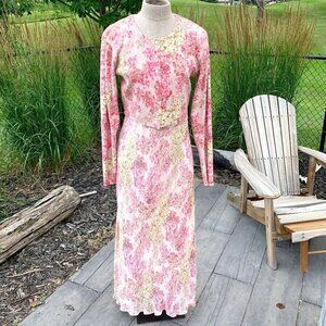 Vintage Emblem Sheer Floral Chiffon Maxi Slip Dress Cropped Cardigan Sweater Set